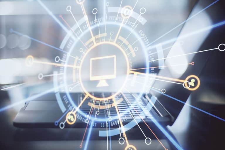 Laptop displaying a digital service dashboard with connected workflow icons representing automation, ticket tracking, analytics, and support performance management.